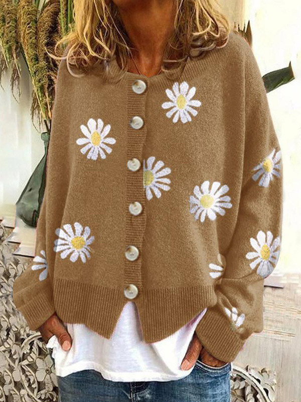 Khaki Daisy Patterned Cardigan