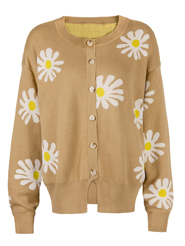 Khaki Daisy Patterned Cardigan