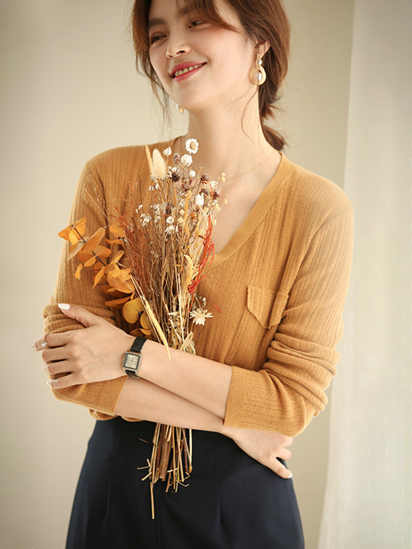 Yellow V-neck Knit Cardigan with Pockets