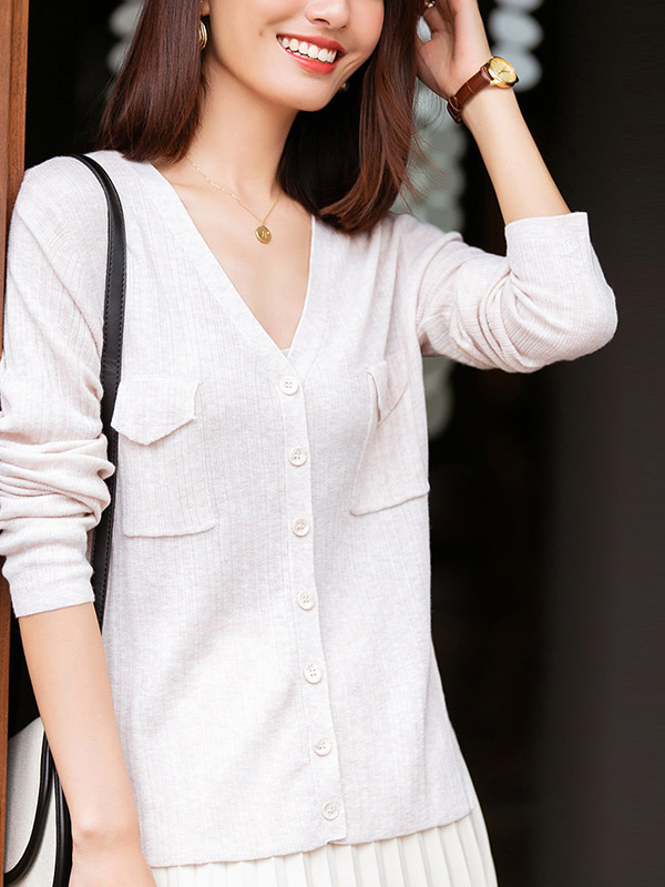 Beige V-neck Knit Cardigan with Pockets