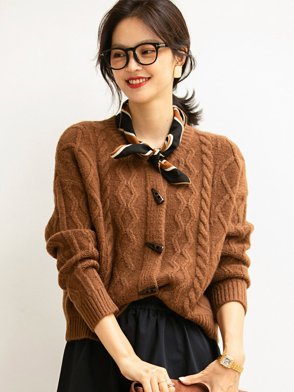 Brown Round Neck Cable Knit Cardigan