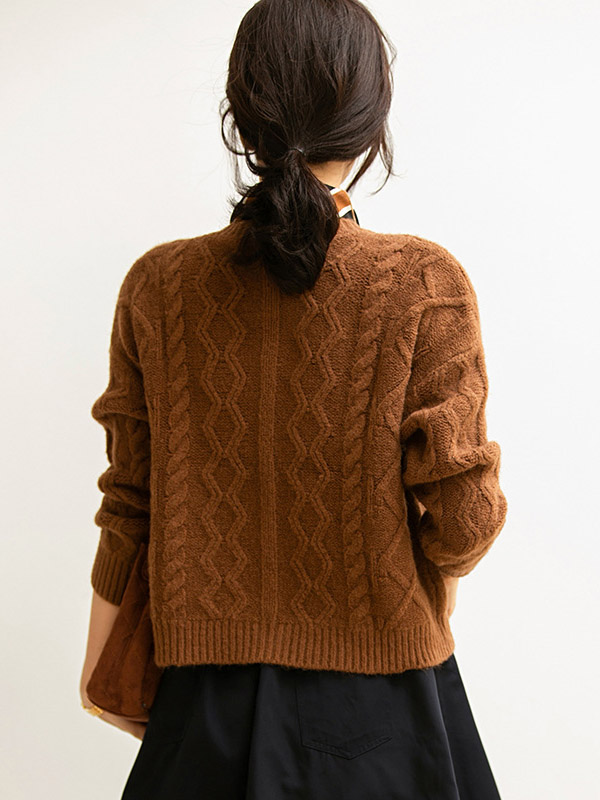 Brown Round Neck Cable Knit Cardigan