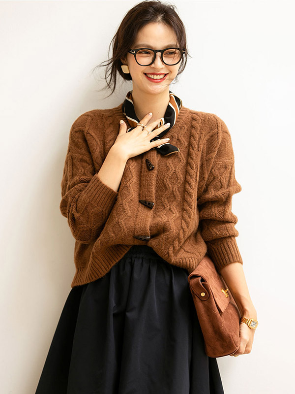 Brown Round Neck Cable Knit Cardigan