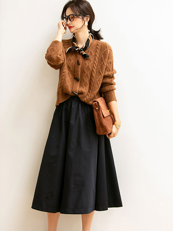 Brown Round Neck Cable Knit Cardigan