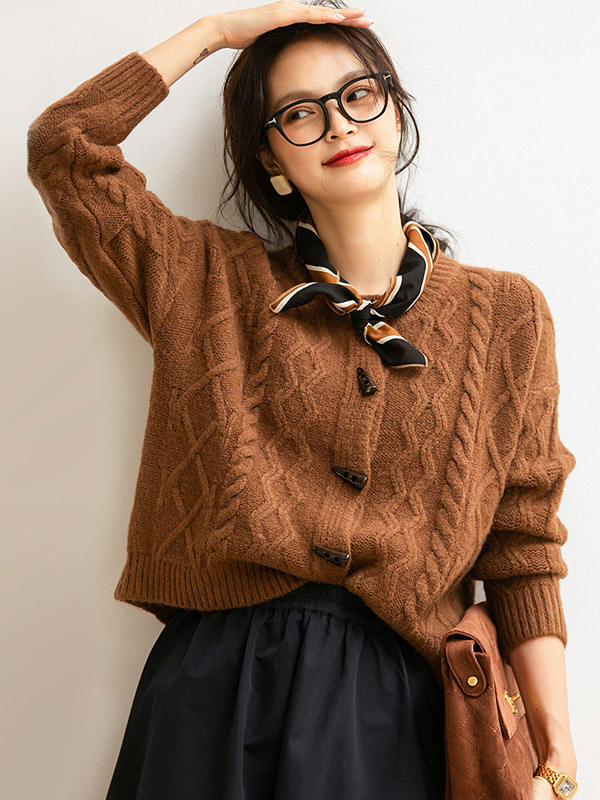 Brown Round Neck Cable Knit Cardigan