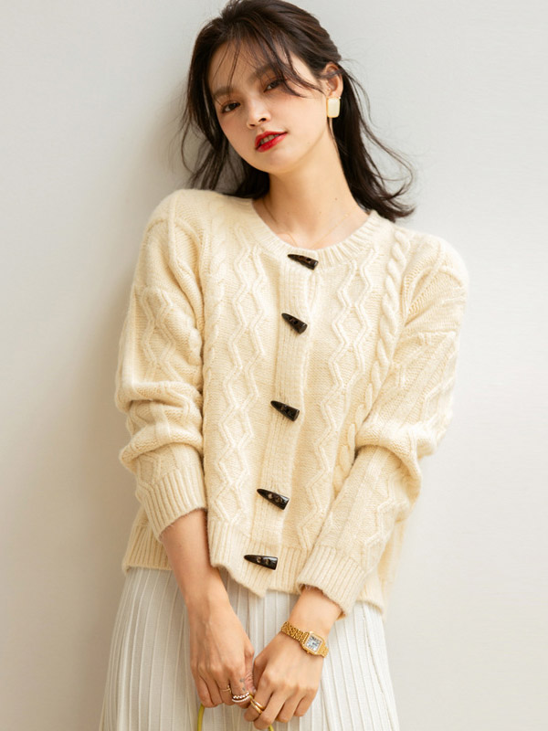 Apricot Round Neck Cable Knit Cardigan