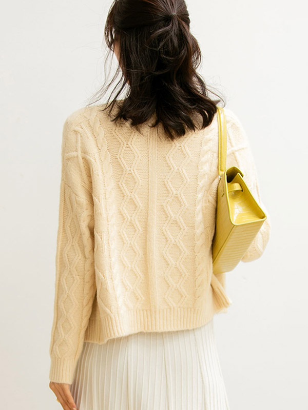 Apricot Round Neck Cable Knit Cardigan