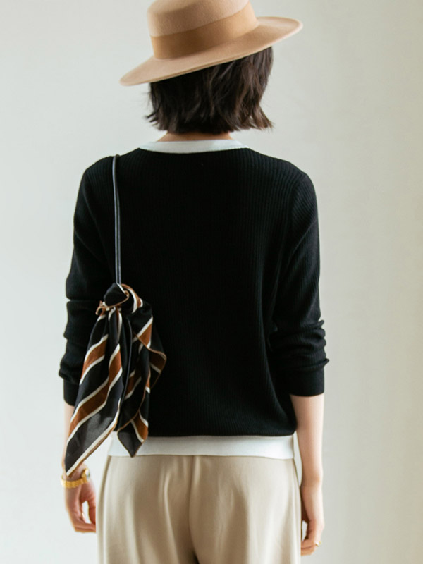 Black Round Neck Color Block Cardigan