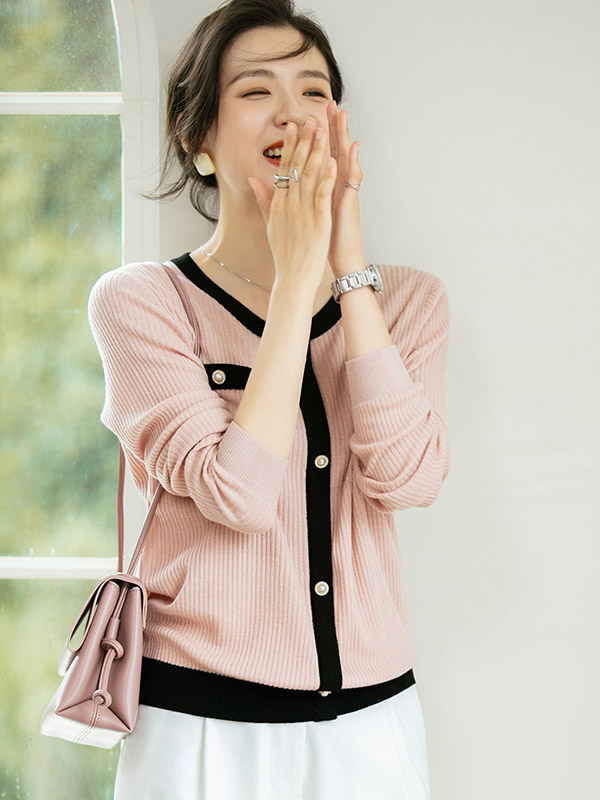 Pink Round Neck Color Block Cardigan