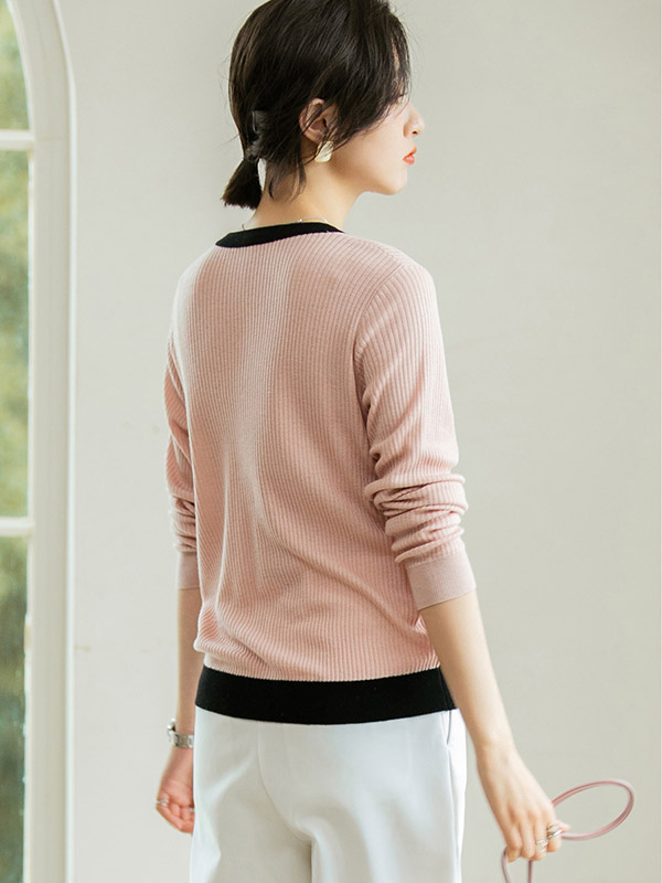 Pink Round Neck Color Block Cardigan