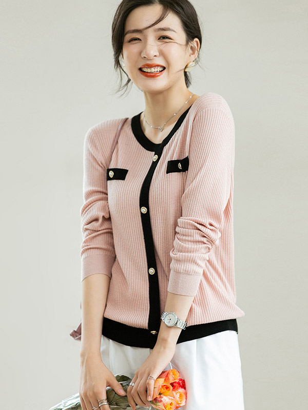 Pink Round Neck Color Block Cardigan