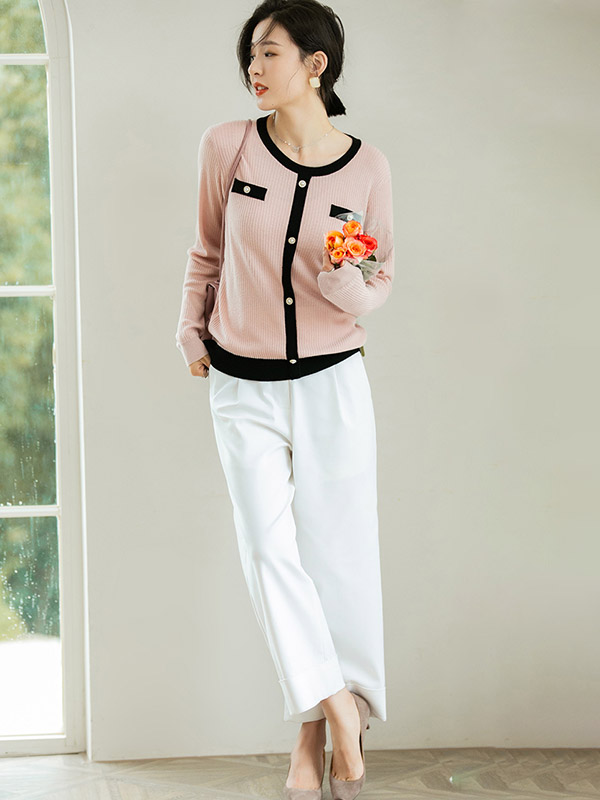 Pink Round Neck Color Block Cardigan