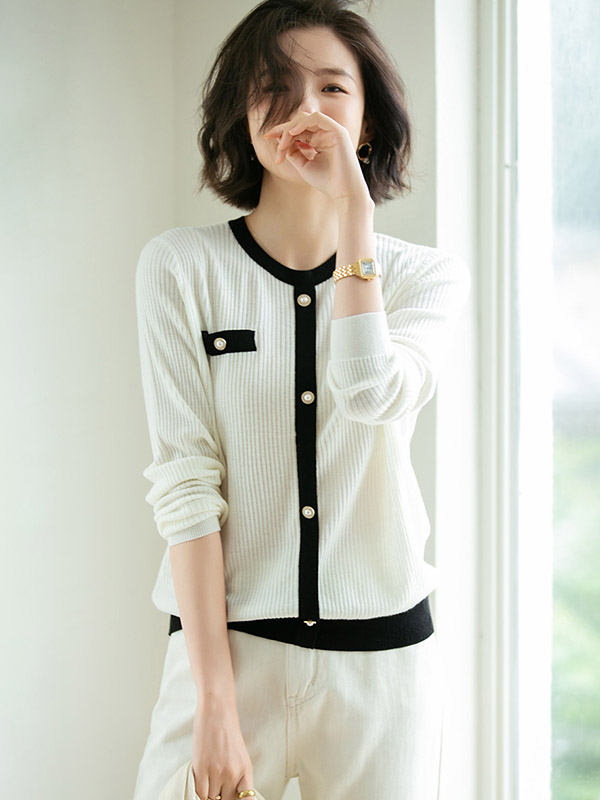 White Round Neck Color Block Cardigan