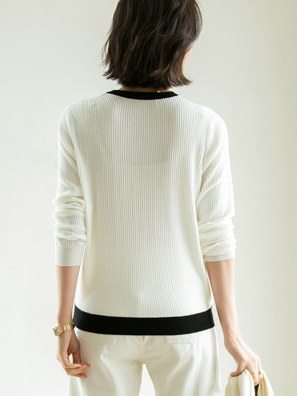 White Round Neck Color Block Cardigan