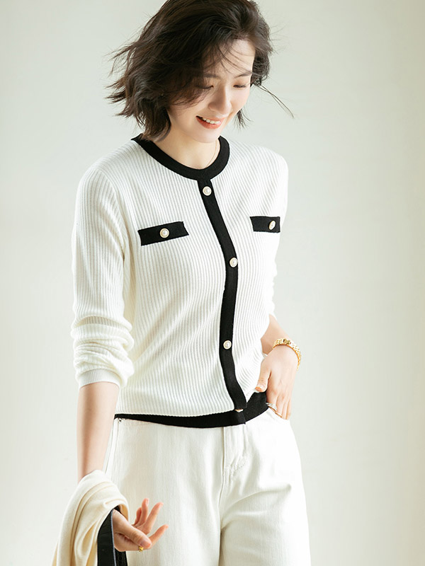 White Round Neck Color Block Cardigan