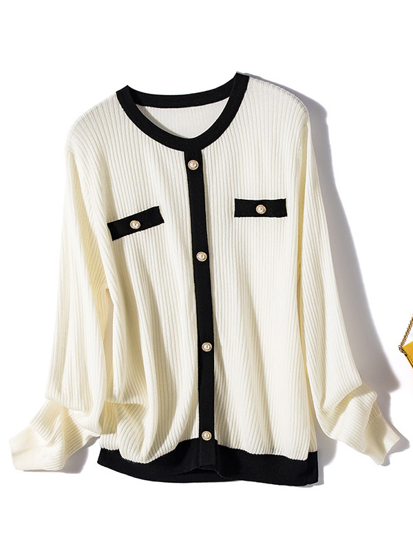 White Round Neck Color Block Cardigan