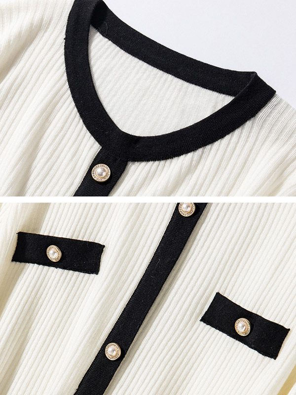 White Round Neck Color Block Cardigan