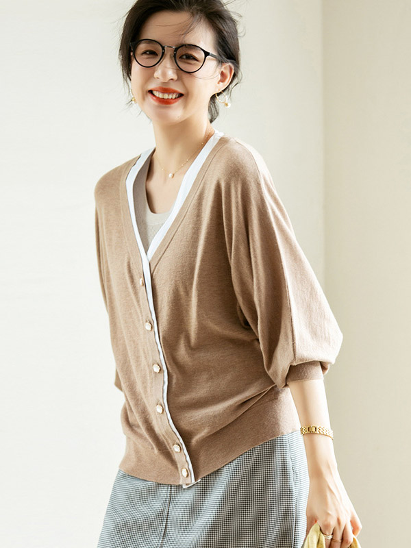 Brown Bat Sleeves Knitted Cardigan