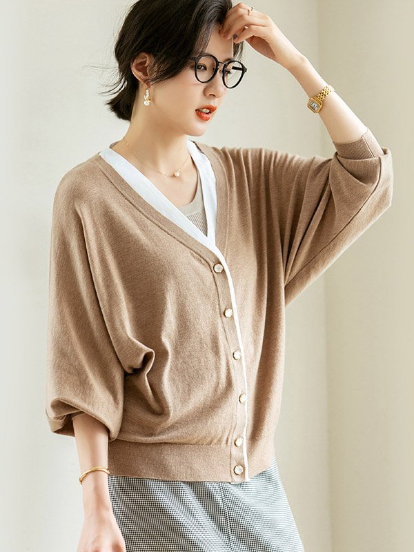 Brown Bat Sleeves Knitted Cardigan