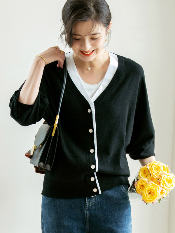 Black Bat Sleeves Knitted Cardigan