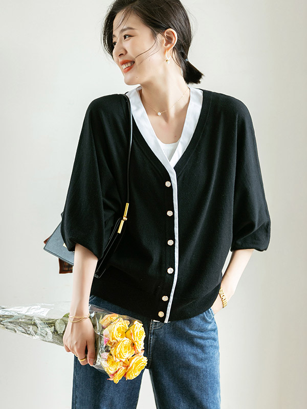 Black Bat Sleeves Knitted Cardigan