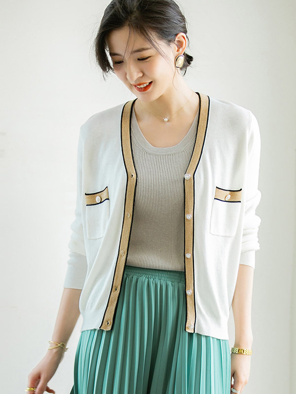 White Color Block Long Sleeves Knitted Cardigan