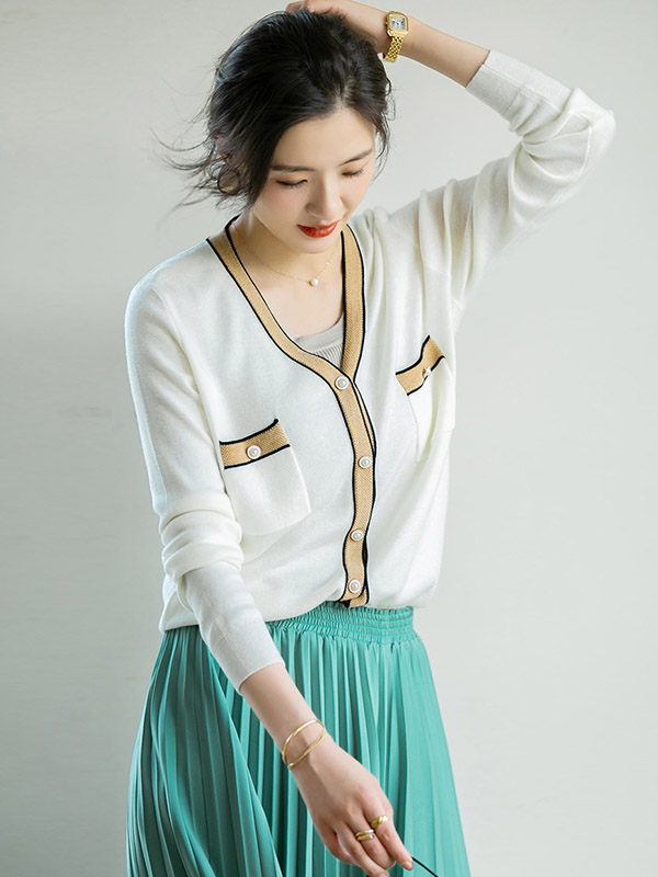 White Color Block Long Sleeves Knitted Cardigan