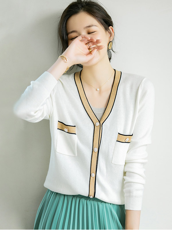 White Color Block Long Sleeves Knitted Cardigan