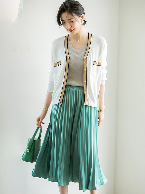 White Color Block Long Sleeves Knitted Cardigan