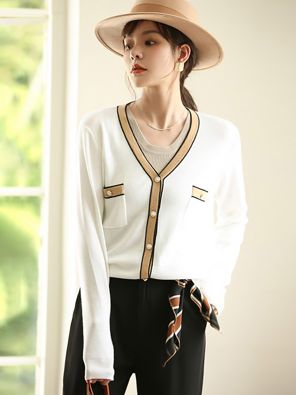 White Color Block Long Sleeves Knitted Cardigan