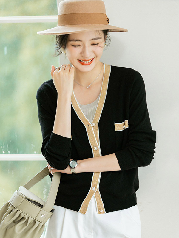 Black Color Block Long Sleeves Knitted Cardigan