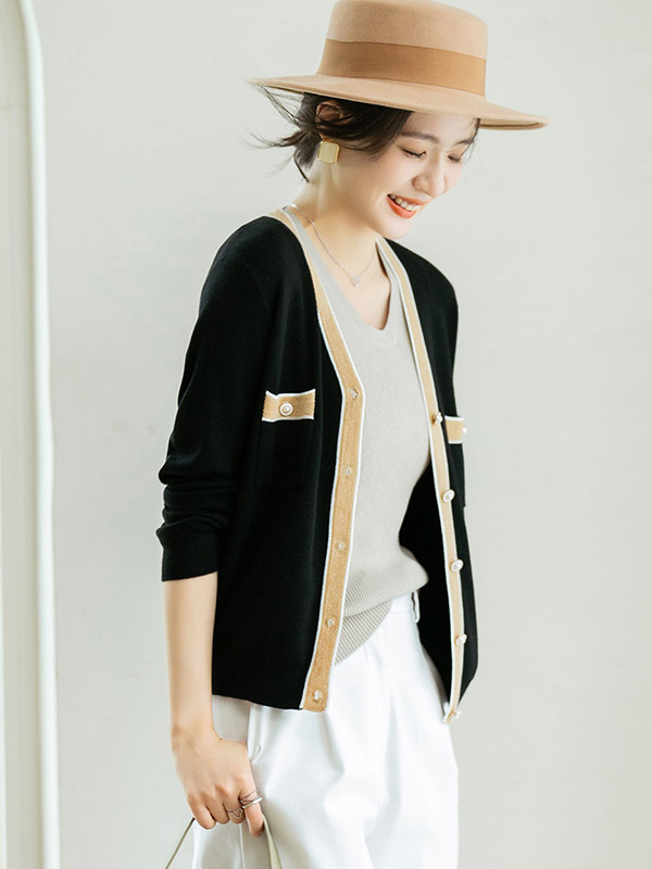 Black Color Block Long Sleeves Knitted Cardigan