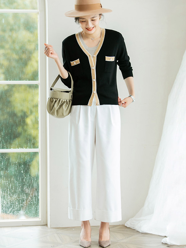 Black Color Block Long Sleeves Knitted Cardigan