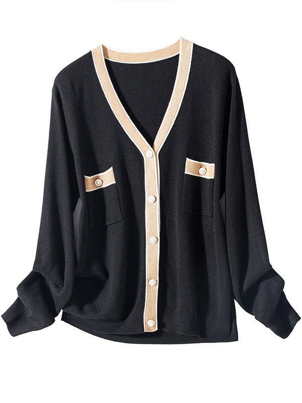 Black Color Block Long Sleeves Knitted Cardigan