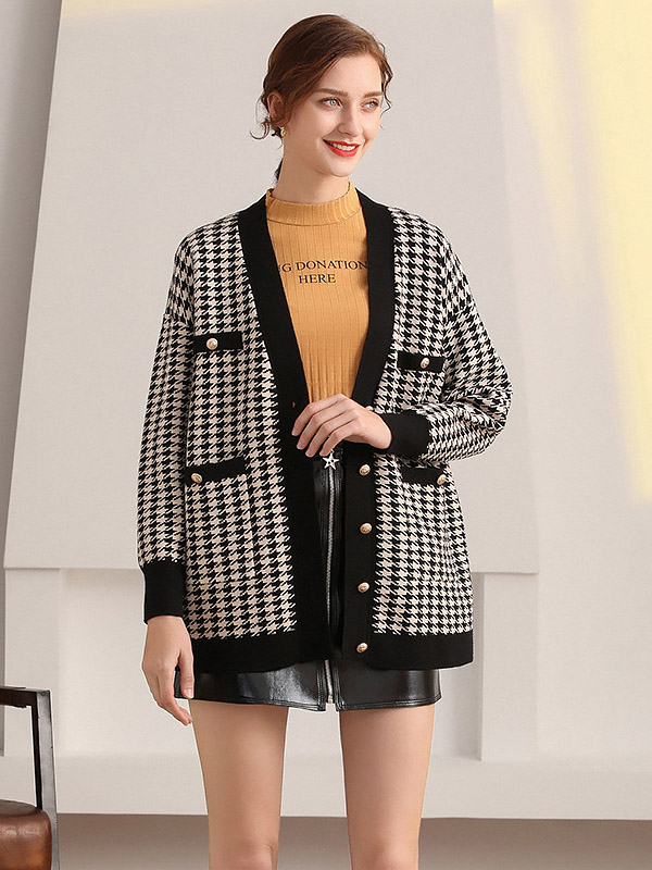 Black Houndstooth Print Knit Cardigan