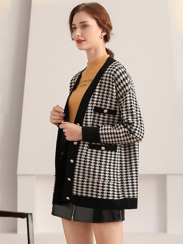 Black Houndstooth Print Knit Cardigan