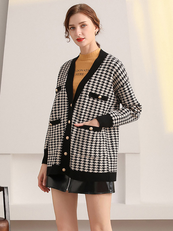 Black Houndstooth Print Knit Cardigan