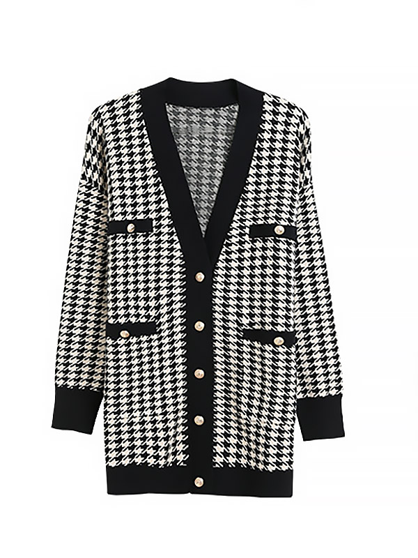 Black Houndstooth Print Knit Cardigan