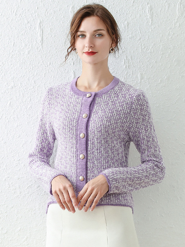 Purple  Knitted Cardigan in Plaid Pattern