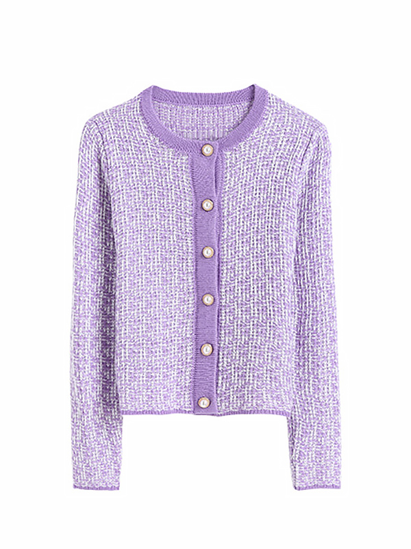 Purple  Knitted Cardigan in Plaid Pattern