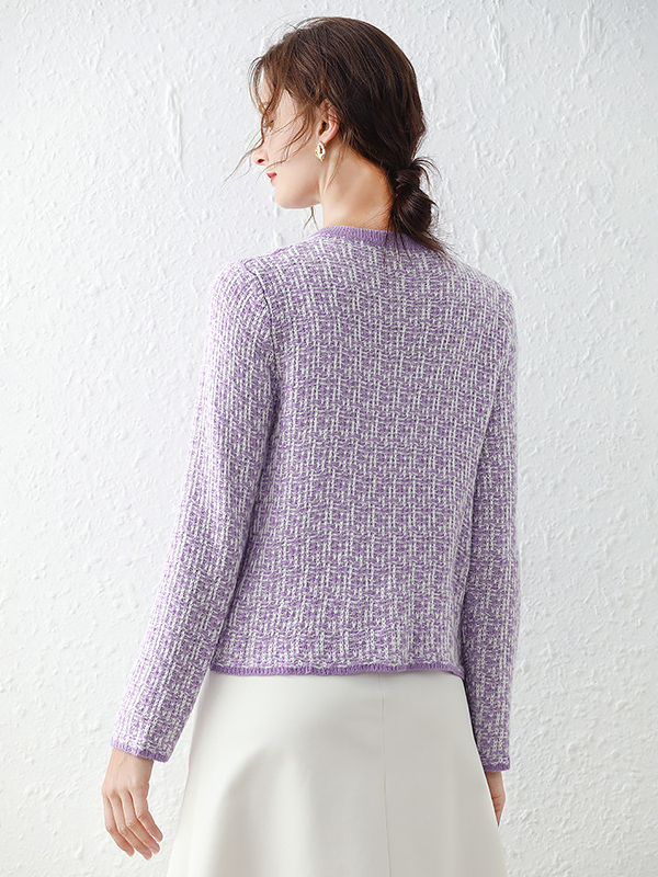 Purple  Knitted Cardigan in Plaid Pattern