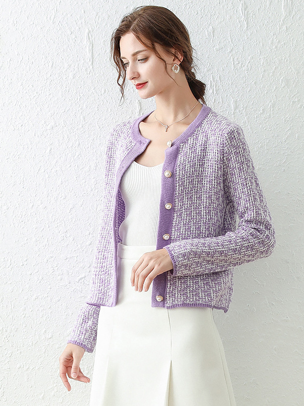 Purple  Knitted Cardigan in Plaid Pattern