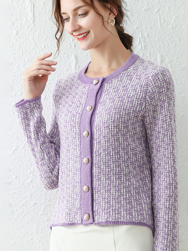 Purple  Knitted Cardigan in Plaid Pattern