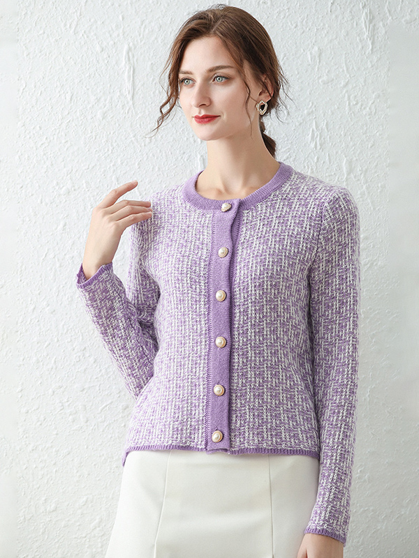 Purple  Knitted Cardigan in Plaid Pattern