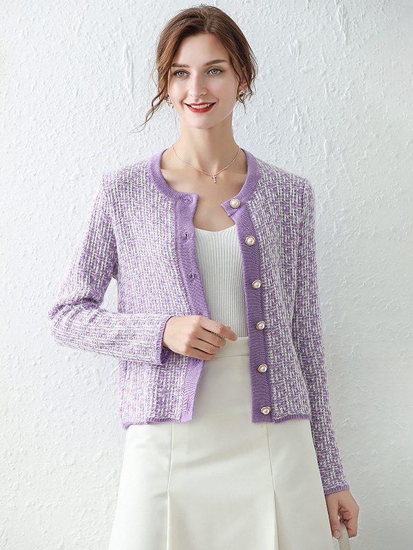 Purple  Knitted Cardigan in Plaid Pattern