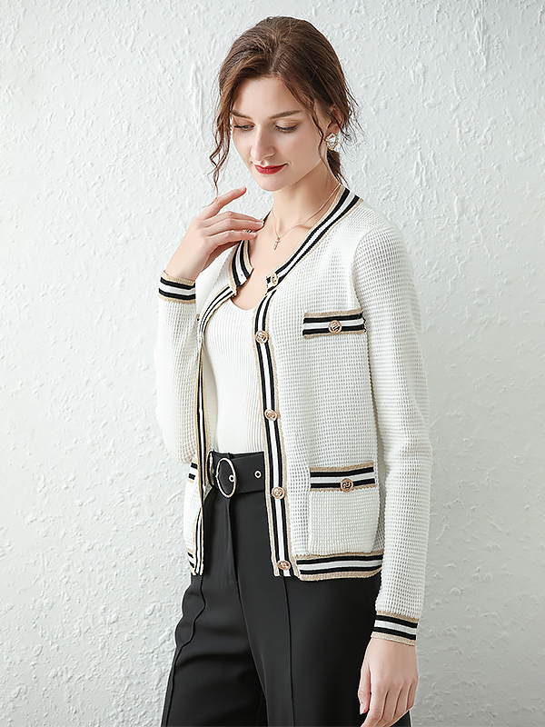 White Beading Design Elegant Style Knit Cardigan