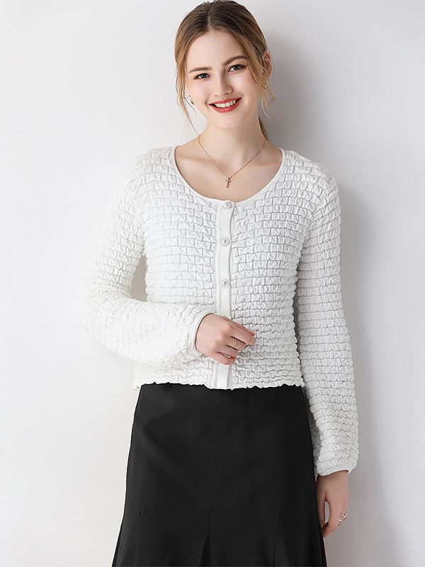 White Texture Design Knit Cardigan With Lantern Sleeve