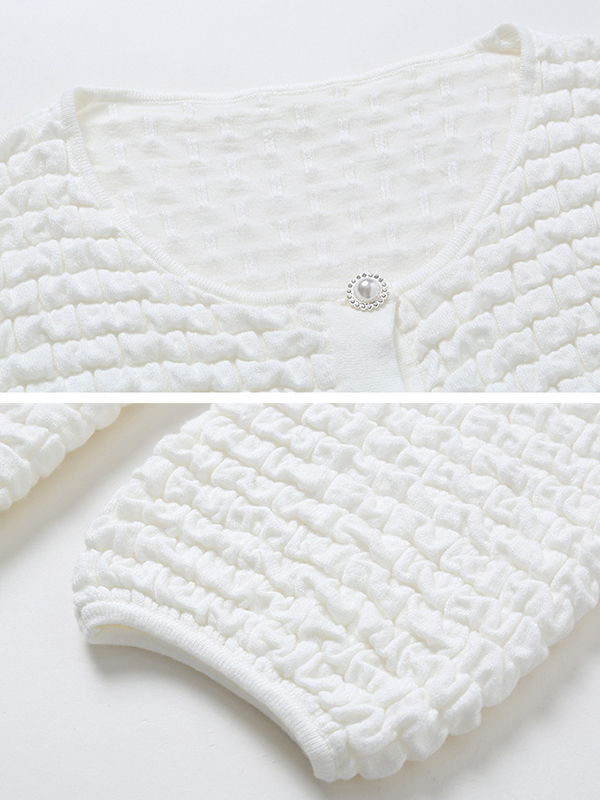 White Texture Design Knit Cardigan With Lantern Sleeve