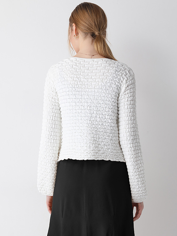 White Texture Design Knit Cardigan With Lantern Sleeve