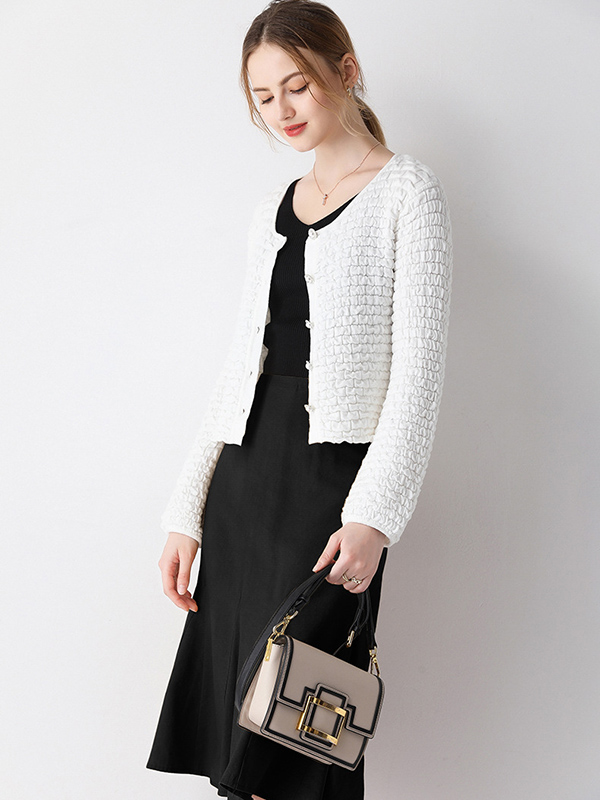 White Texture Design Knit Cardigan With Lantern Sleeve